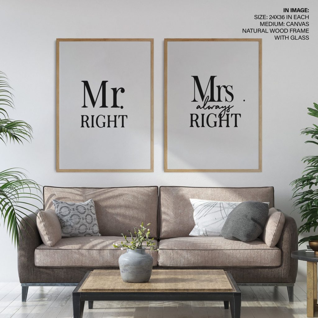 Mr and Mrs Always Right Set of 2, Romantic Framed Wall Art, Ready to