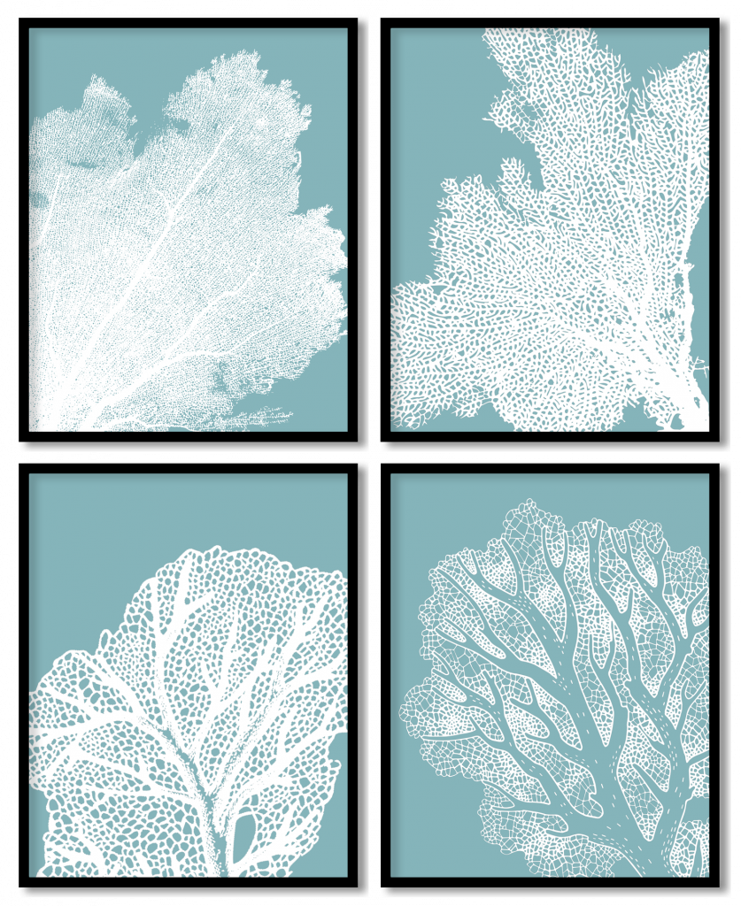Set of 4 enlarged white coral sea fan