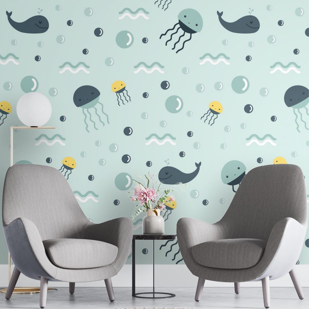 Whale and jellyfish - Mural Wallpaper, PVC Free, Non-Toxic