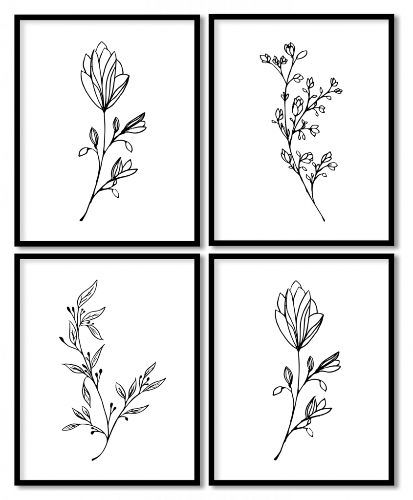 Set of 4 black line art botanical