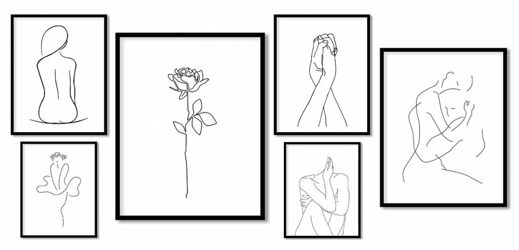 Set of 6 abstract lady and rose line drawing