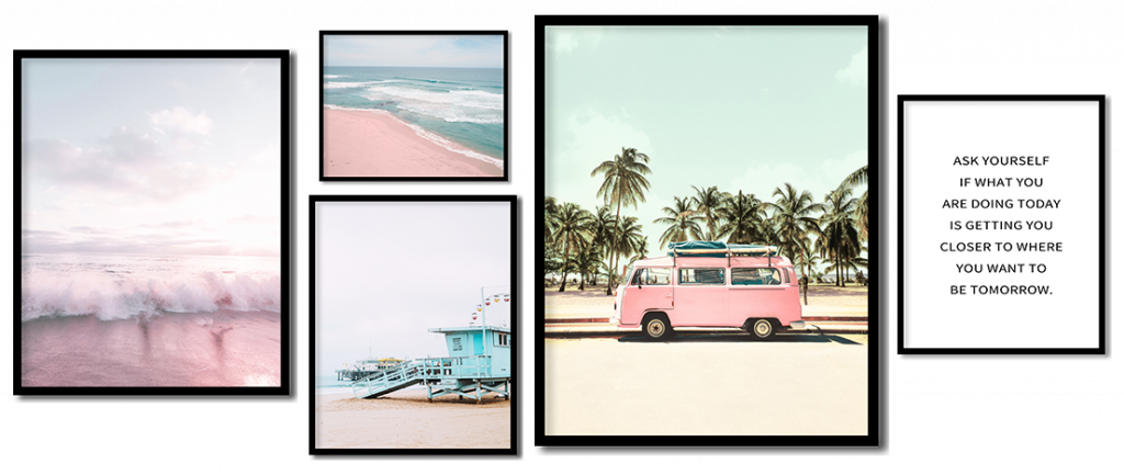 Set of 5 pink beach ocean waves and van