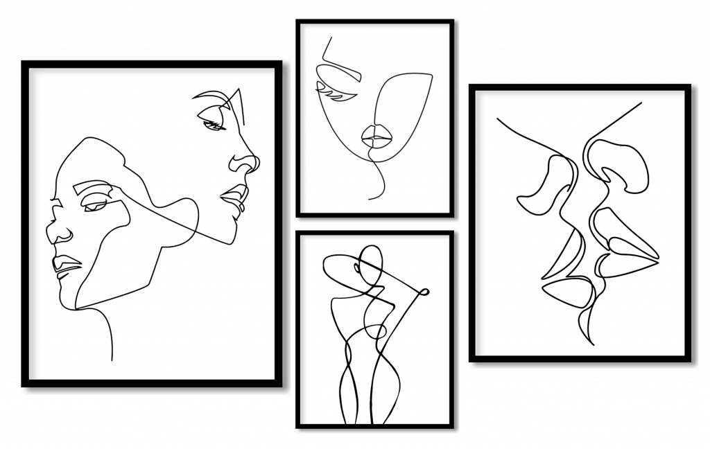 Set of 4 abstract line drawing women body