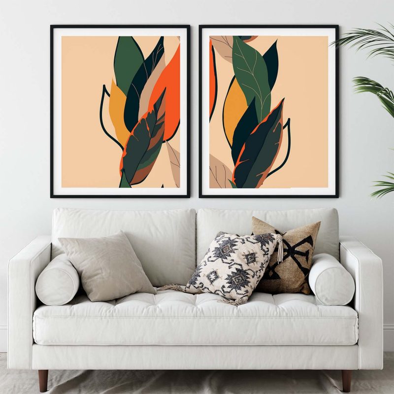 Abstract Botanical Green Orange Leaves – Home Decor