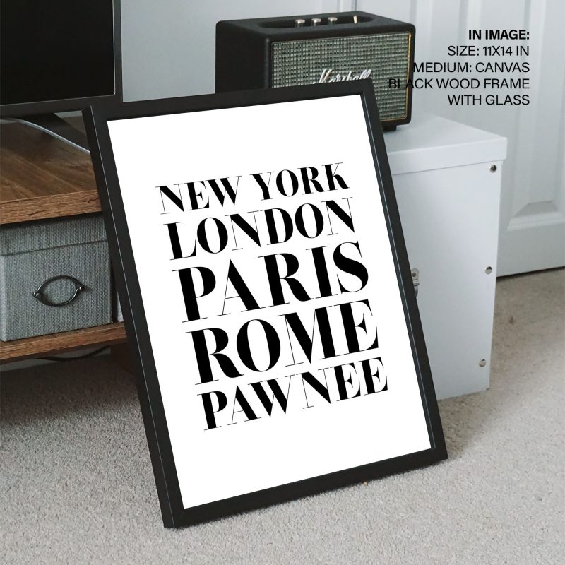 NEW YORK LONDON PARIS ROME PAWNEE - City Names Typography – Wall Hanging