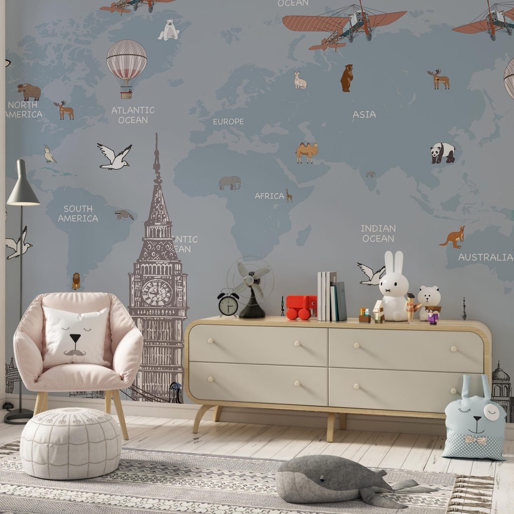 Kids Blue World Map and Landmarks Wallpaper