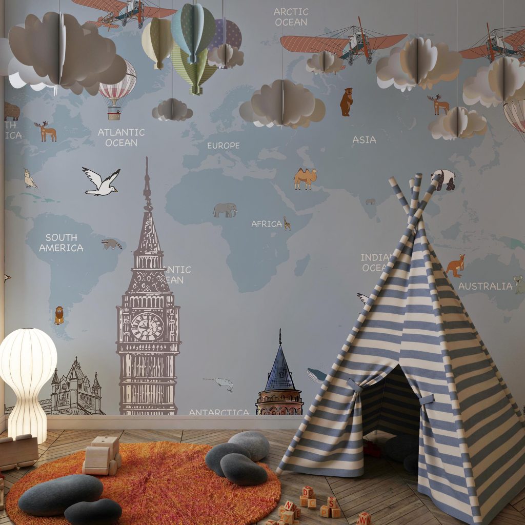 Kids world map animals and landmarks