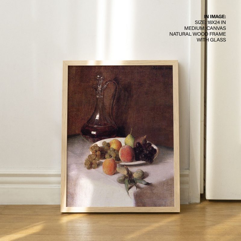 A carafe of wine and plate fruit on a white tablecloth by Henri Fantin Latour (1865)
