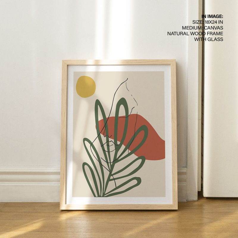 Minimalist Line Art Face Green Leaves – Wall Painting