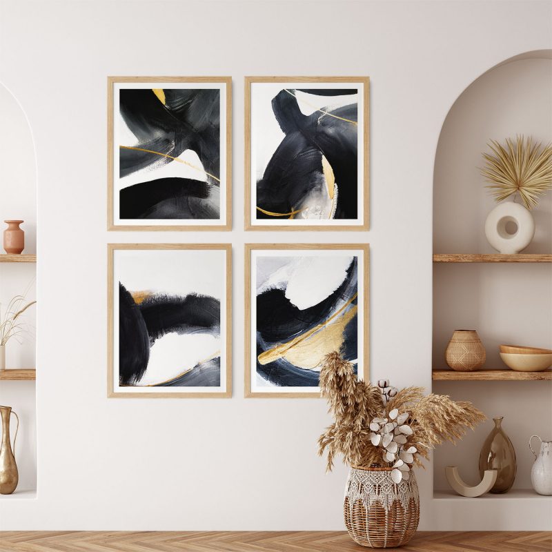 Abstract Black White Gold Strokes – Wall Hanging