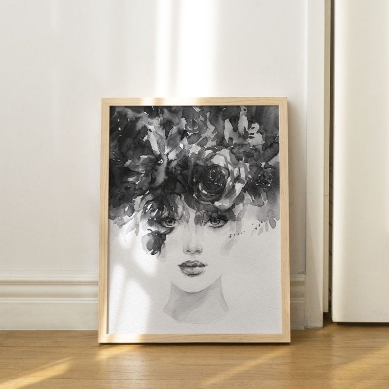Fine Art Woman Dark Floral Headdress – Home Decor