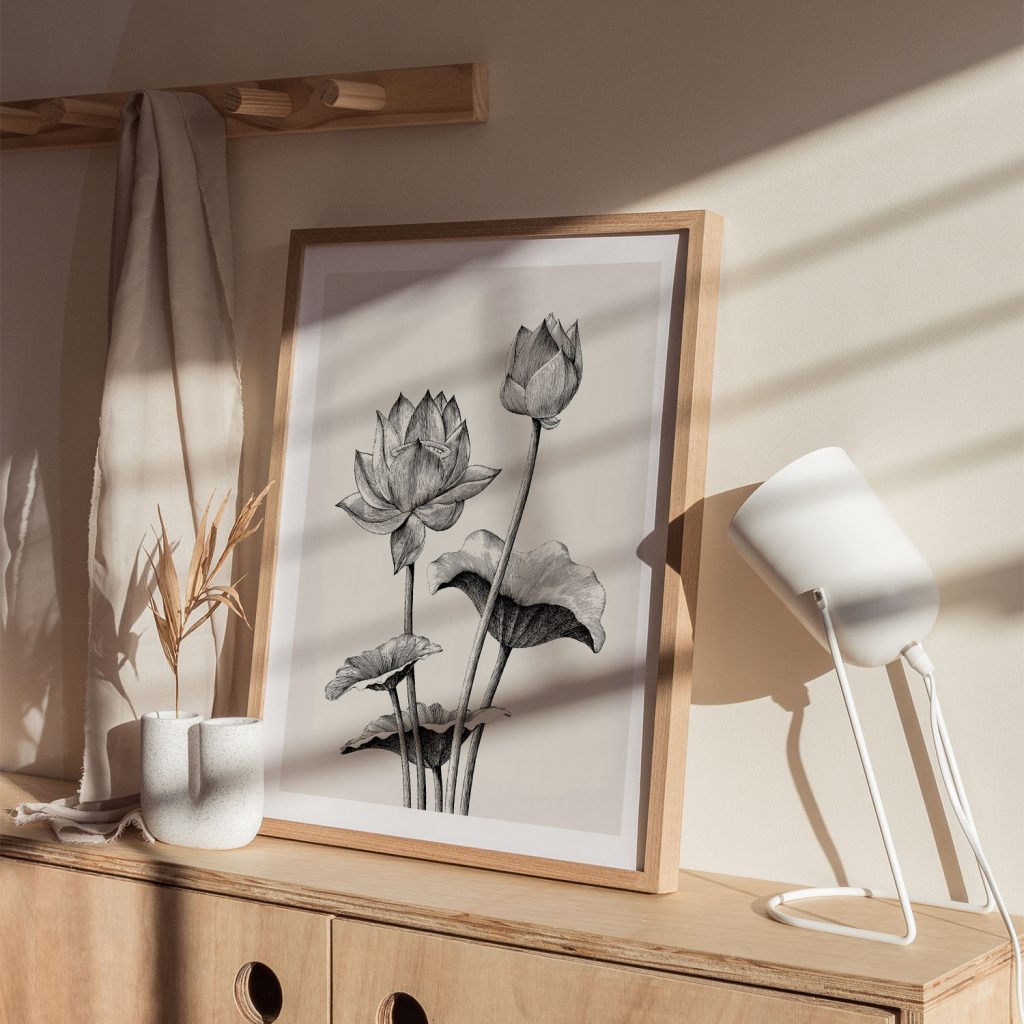 Vintage black and white lotus flowers Wall Art, Hanging Wall Decor