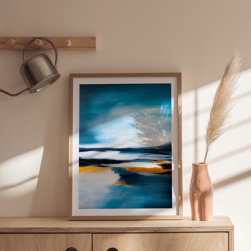 Abstract Landscape Blue White Orange – Wall Art