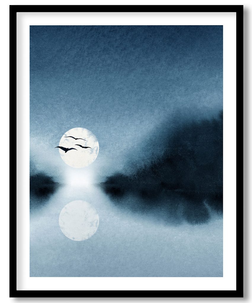 Modern teal light abstract night moon lake landscape