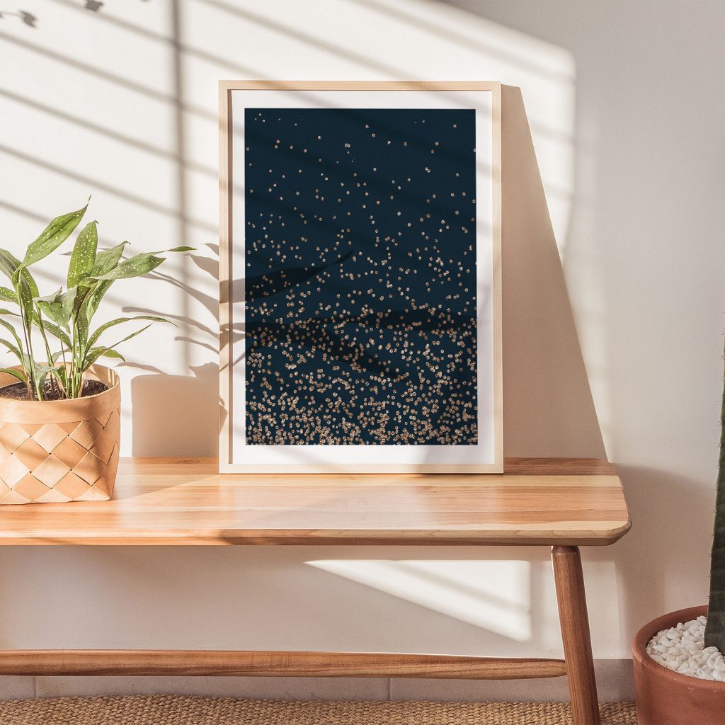 Abstract Falling Gold Glitter Dark Blue – Wall Painting