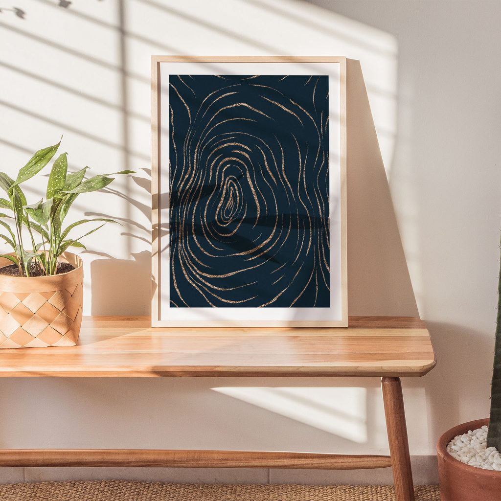 Abstract Golden Wavy Lines Blue – Home Decor
