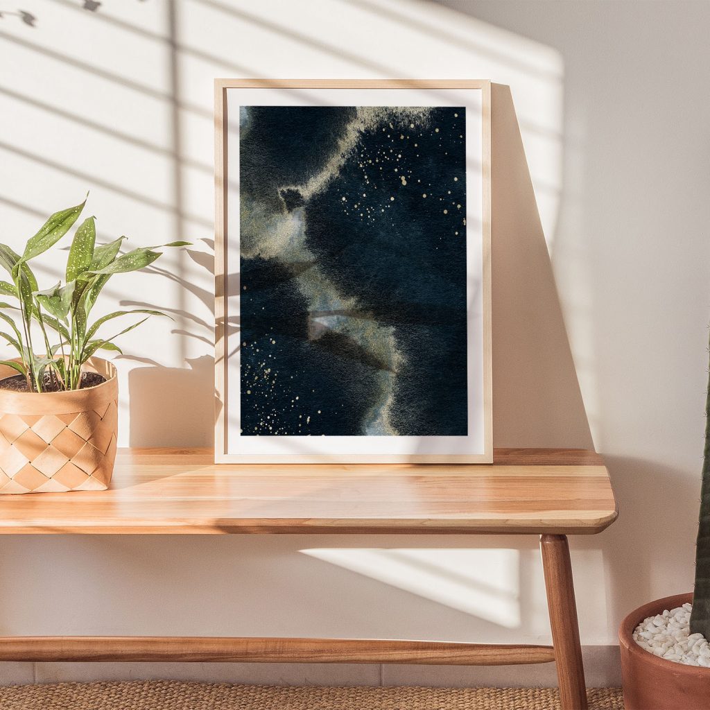 Abstract Gold Blue Strokes Speckles – Wall Hanging