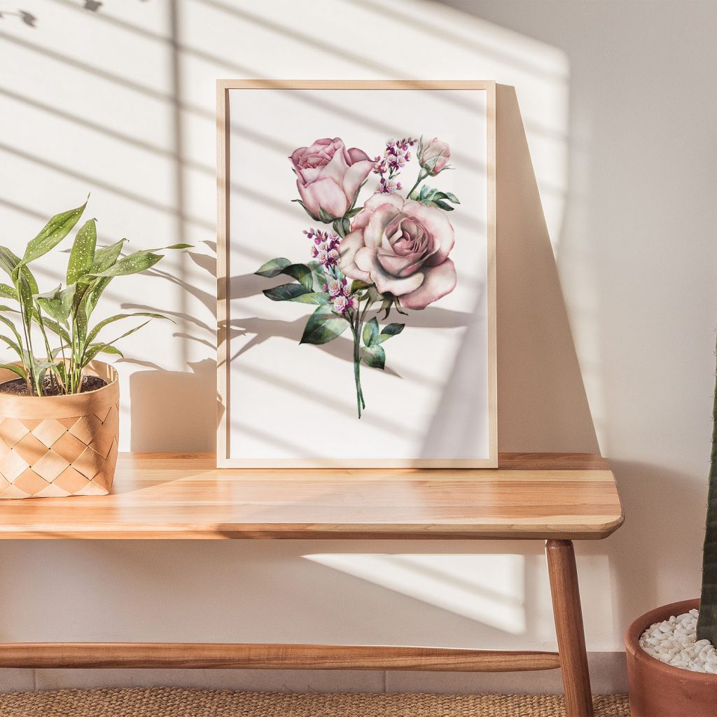 Botanical Pink Roses Bouquet – Wall Painting