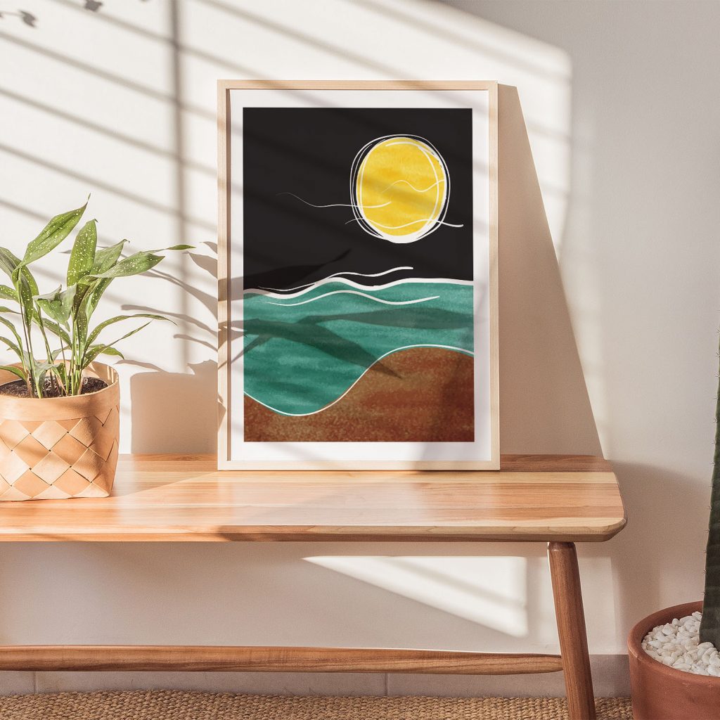 Abstract Yellow Sun Ocean Beach – Wall Art