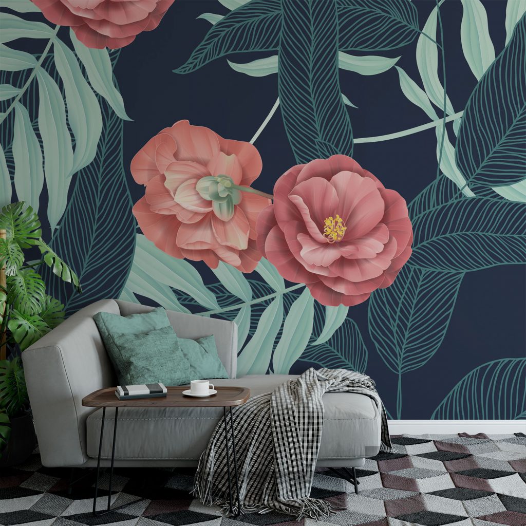 Dark Teal and Red Tropical Floral Wallpaper