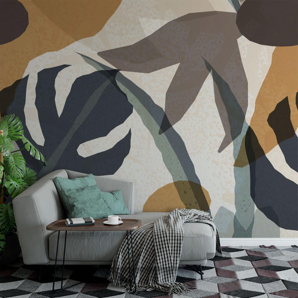 Navy and Mustard Abstract Leaf Wallpaper