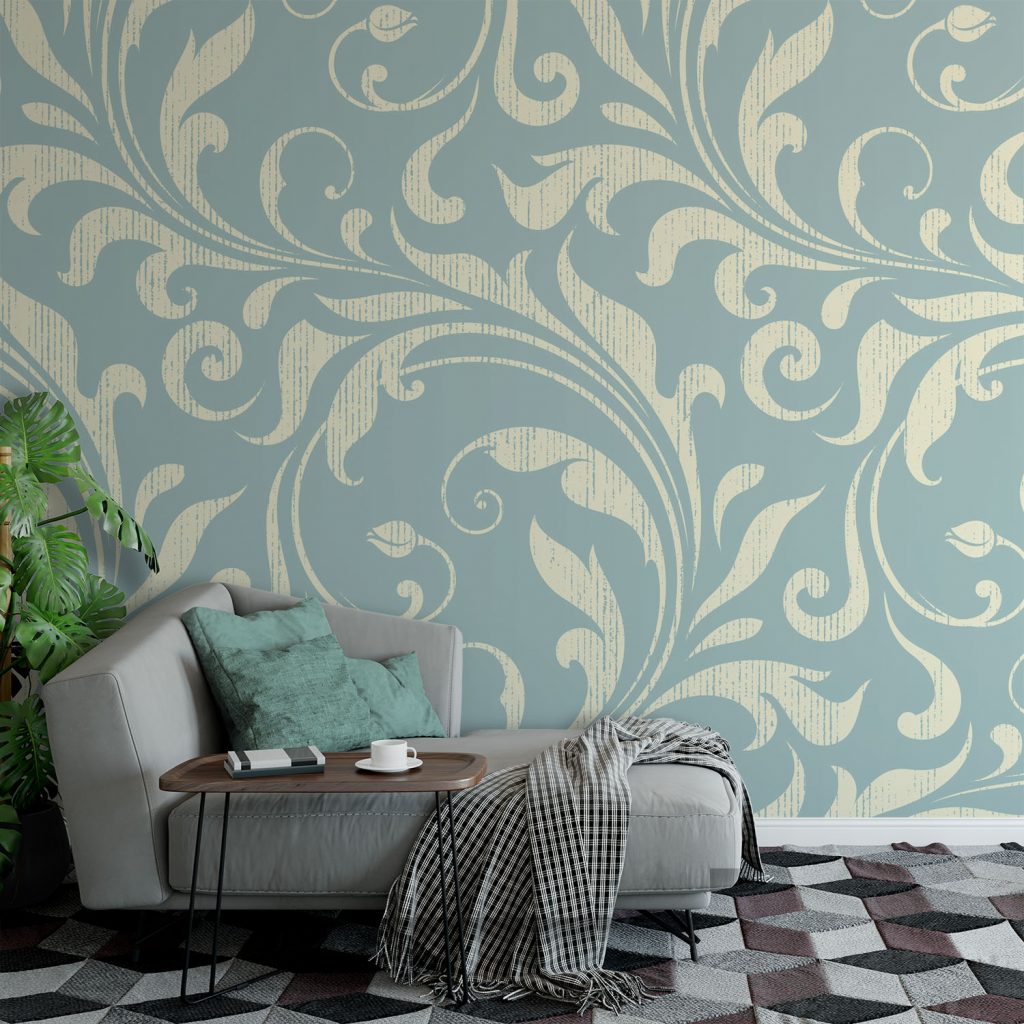 Teal and Cream Damask Scroll Wallpaper
