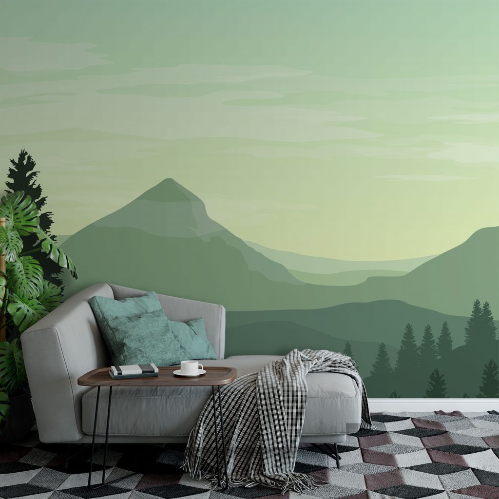 Green Mountain and Deer Mural Wallpaper