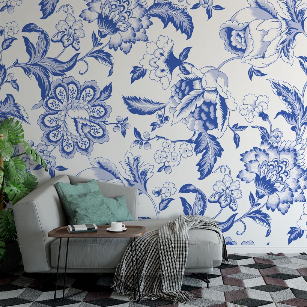 Blue and White Chinoiserie Floral Wallpaper