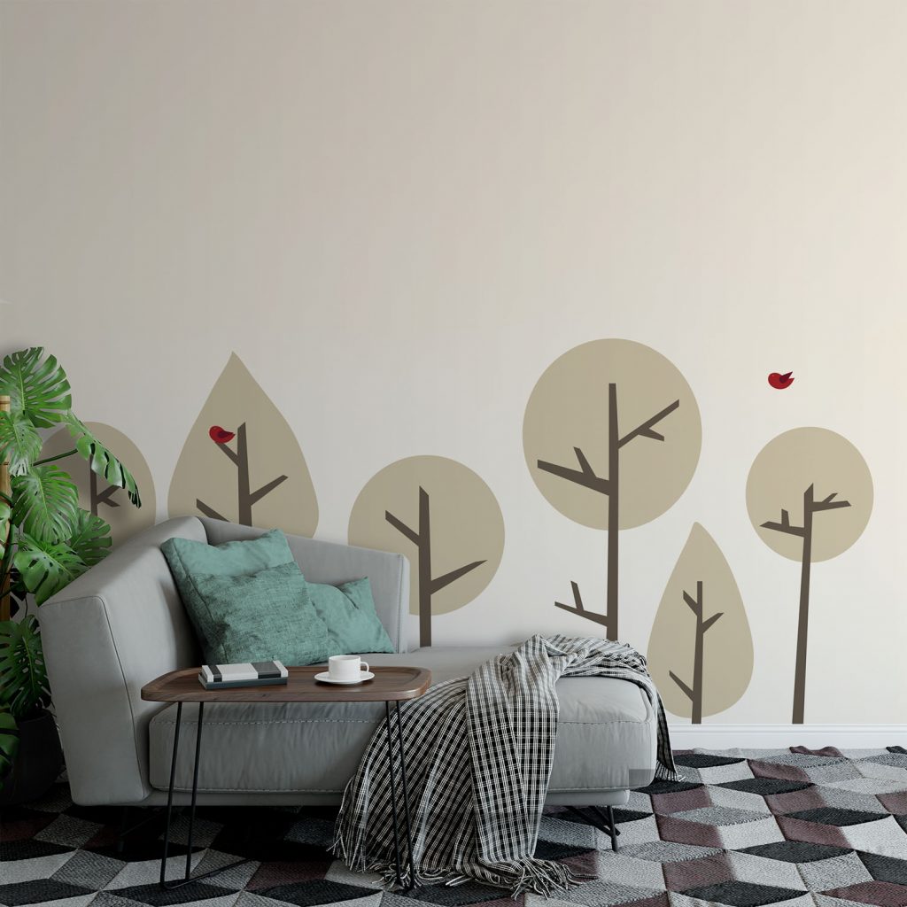 Beige Minimalist Tree and Red Bird Wallpaper