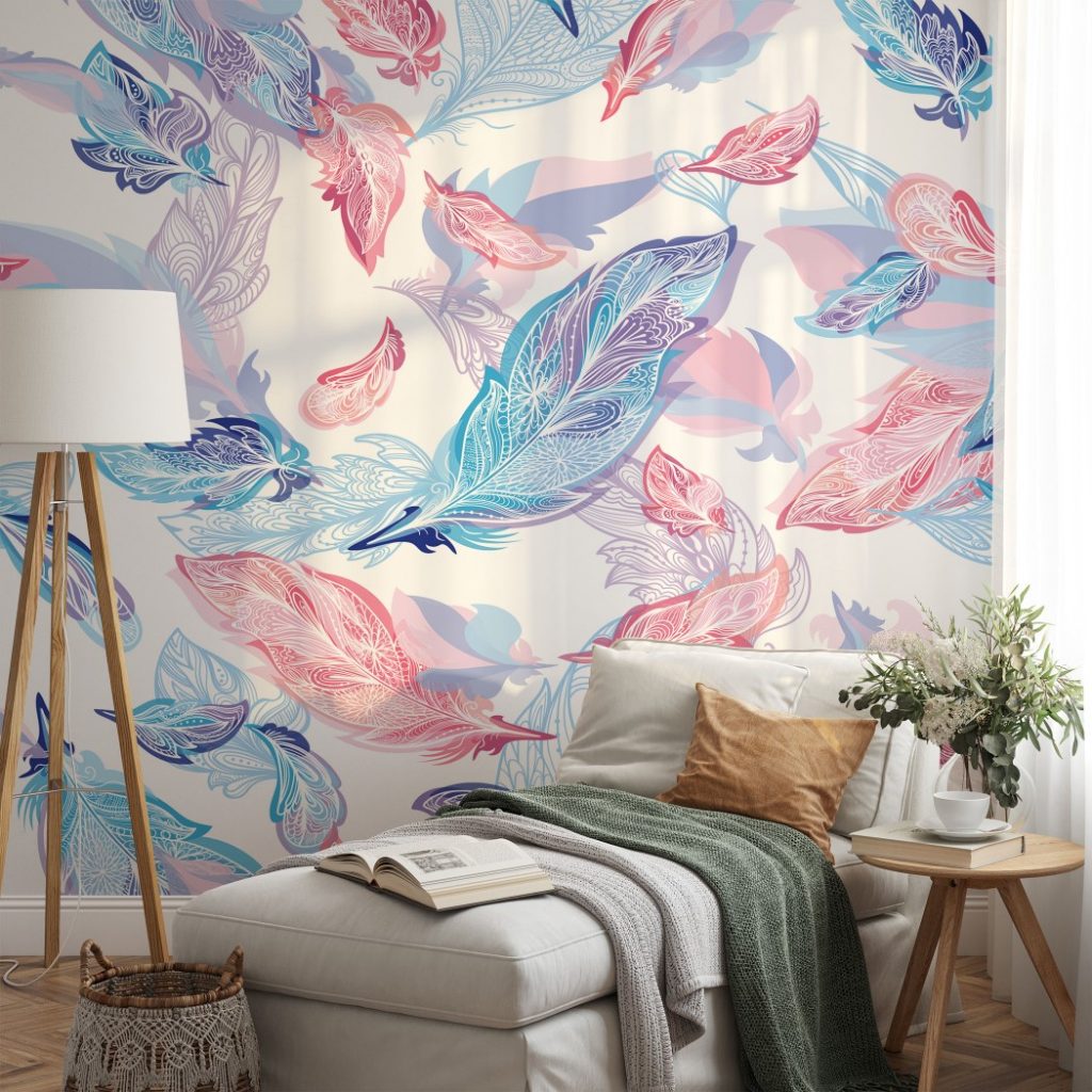 Sweet lilac & pink feathers - Wall Mural, PVC free Wall Covering