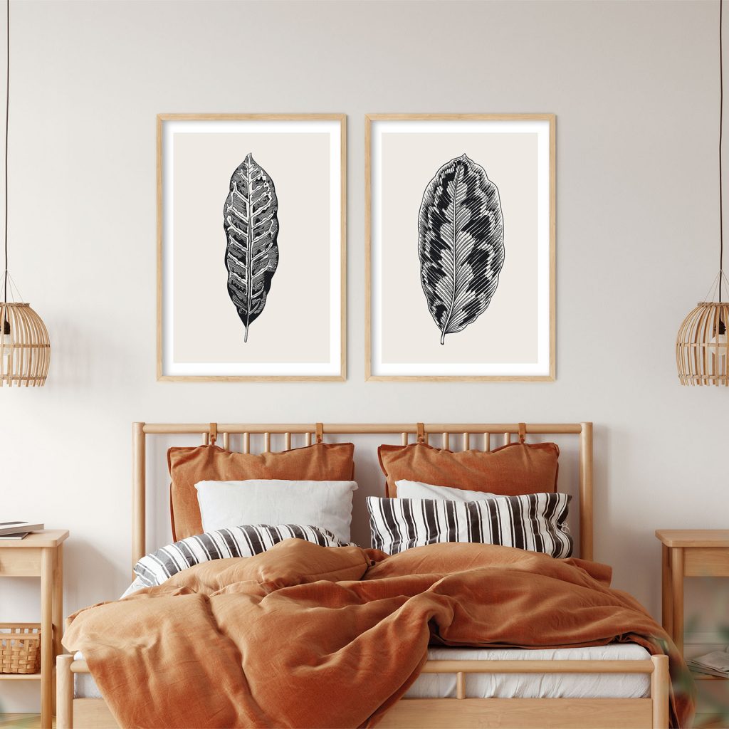 Botanical Two Black White Leaves – Wall Painting