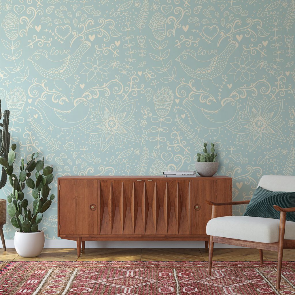 Lovely Print With Flowers & Birds - Wall Mural, PVC free Wall Covering