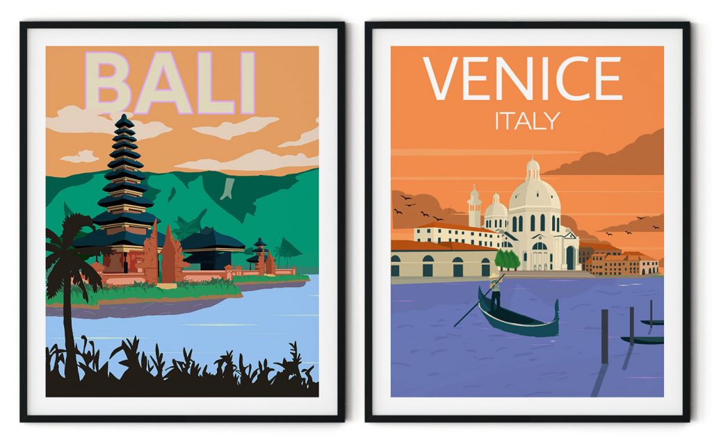 Vintage Poster Advertising Bali and Venice