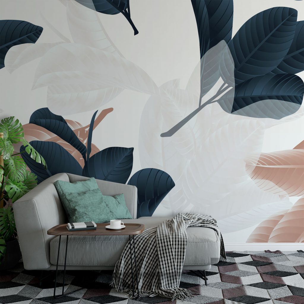 White and Teal Giant Leaf Mural Wallpaper