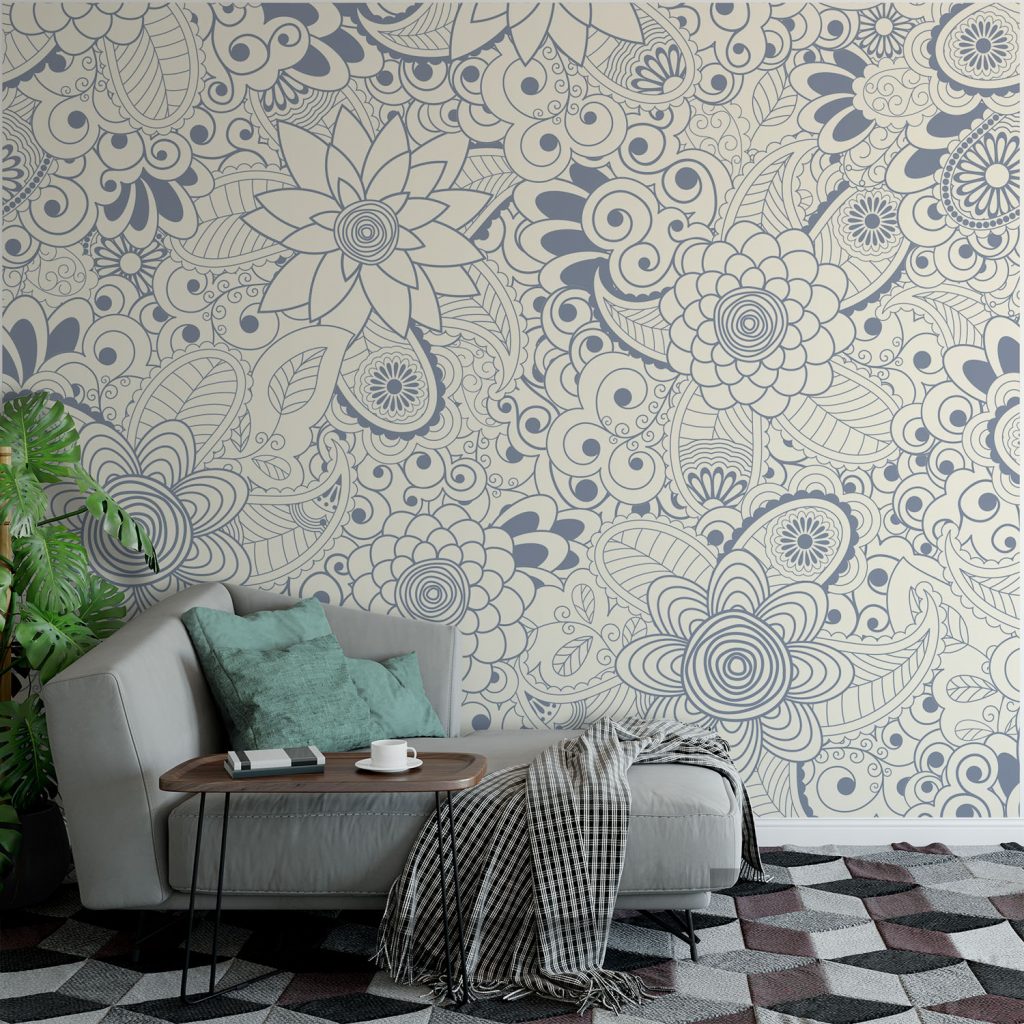 Blue and Cream Floral Doodle Wallpaper