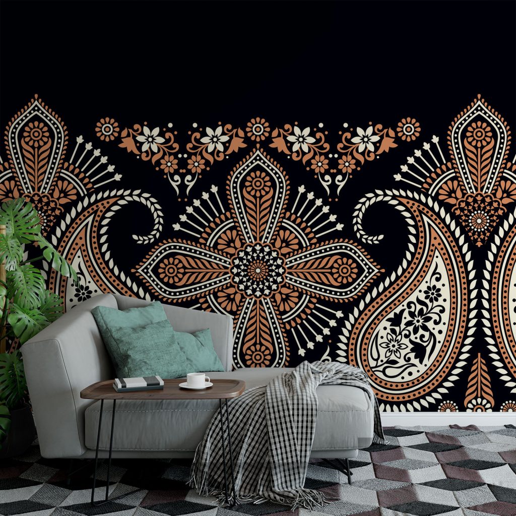 Black Indian Paisley Border Wallpaper