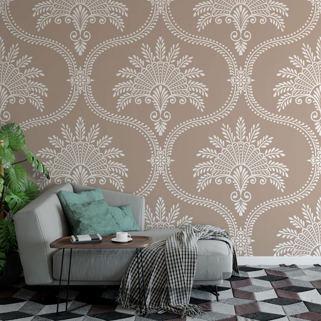 Beige and White Ogee Damask Wallpaper