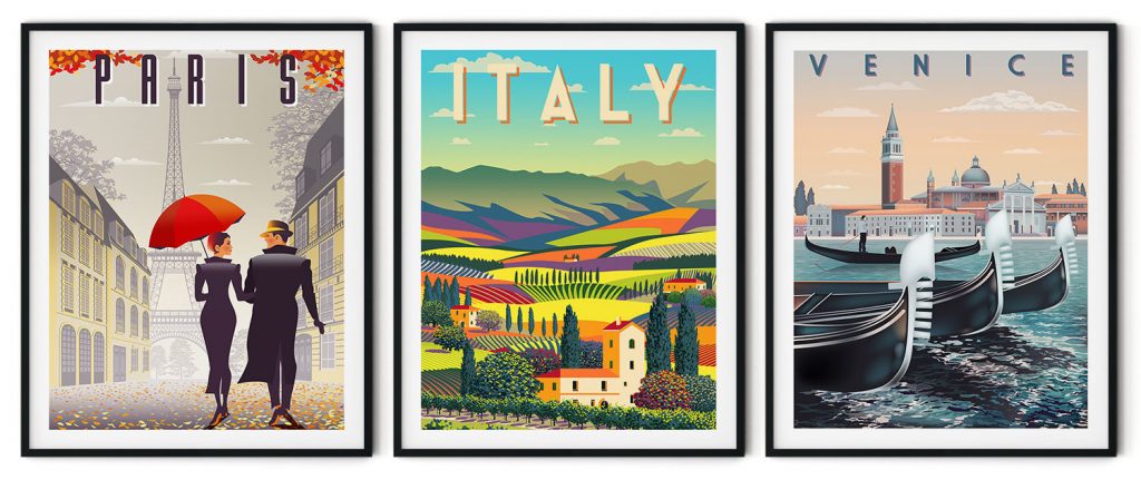 Classic Travel Ad of Paris, Italy, Venice