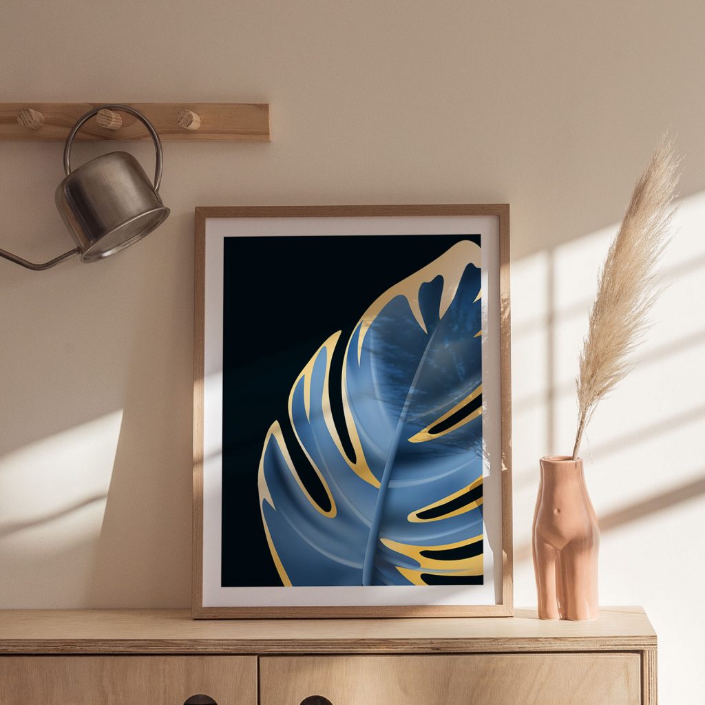 Botanical Blue Gold Monstera Leaf – Wall Hanging
