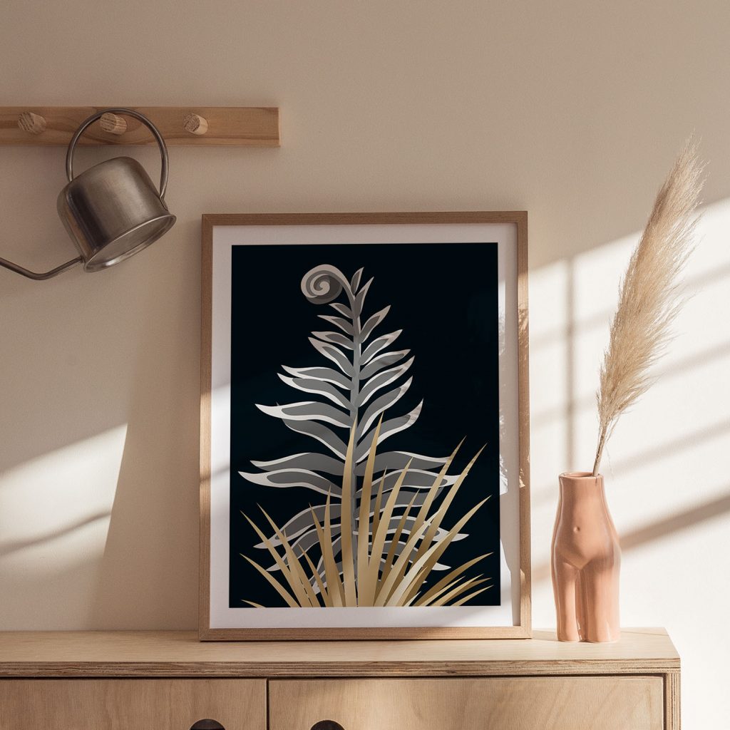 Botanical Gray Fern Golden Leaves – Wall Decor