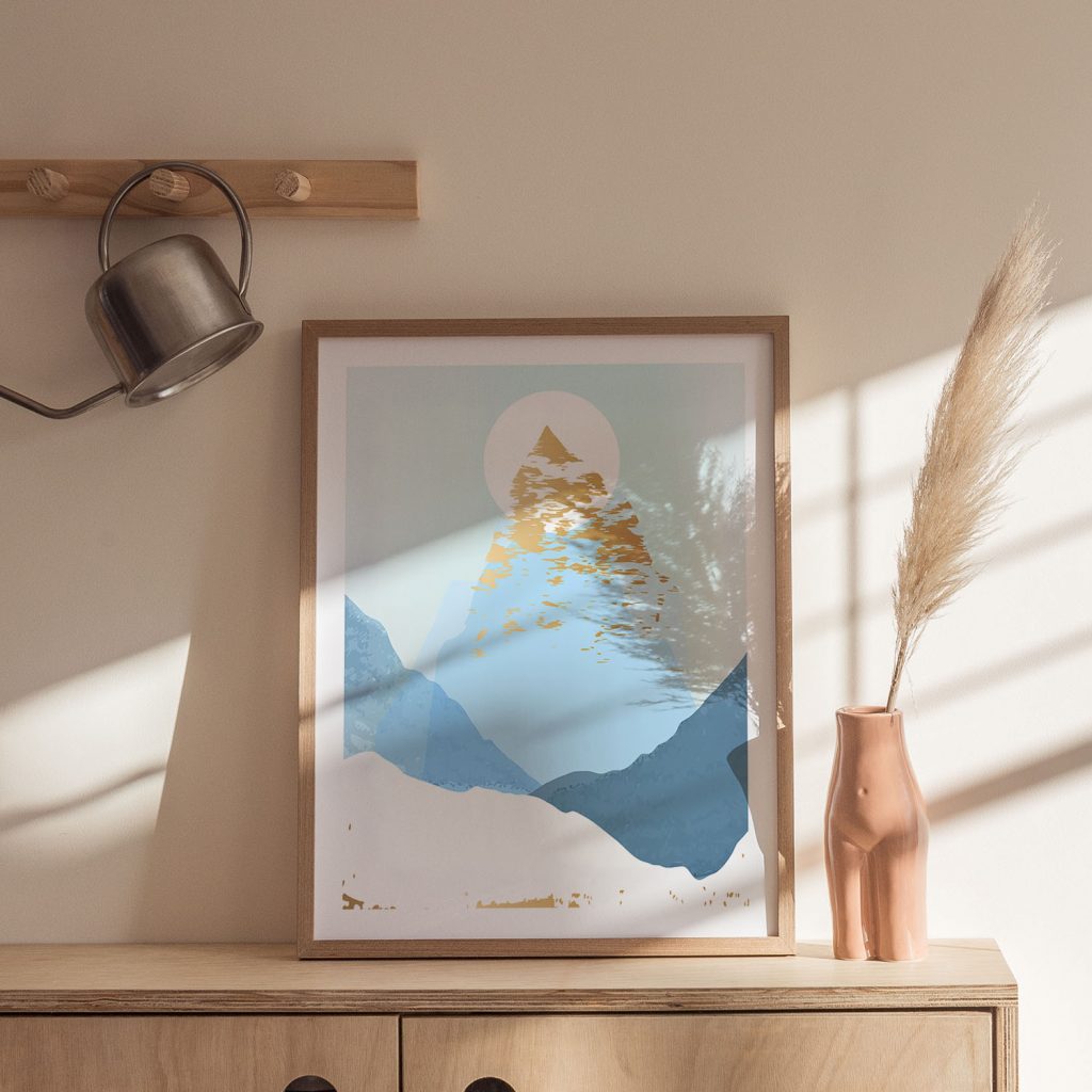Abstract Gold Blue Mountains Sun – Home Decor