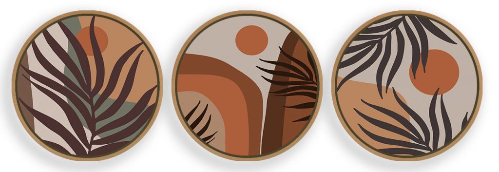 Set of 3 boho botanical sun mountain landscape