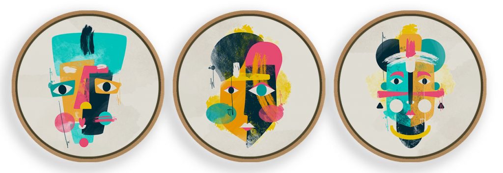 Set of 3 prismatic trendy lithograph face figure