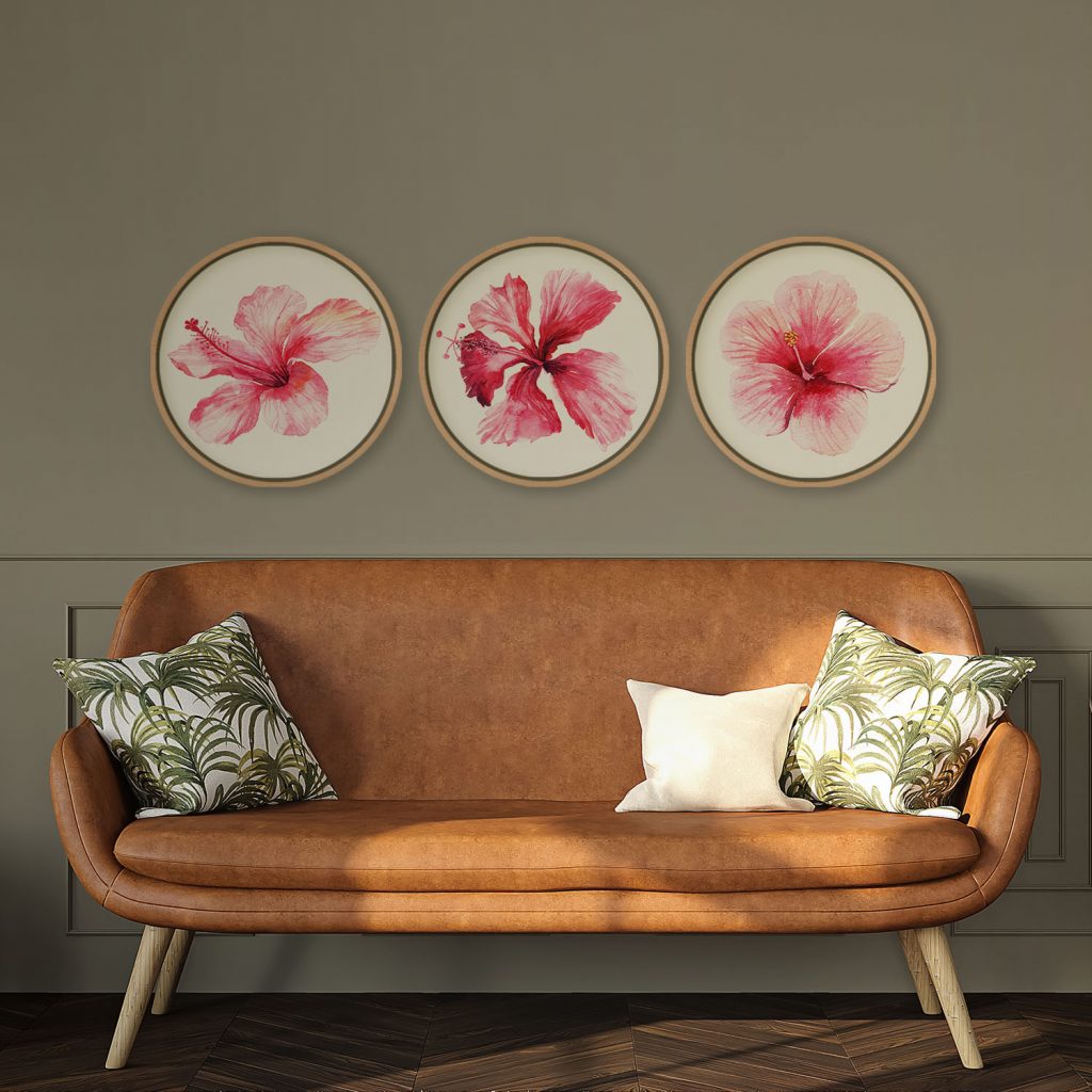 Botanical Three Pink Hibiscus Flowers – Home Decor