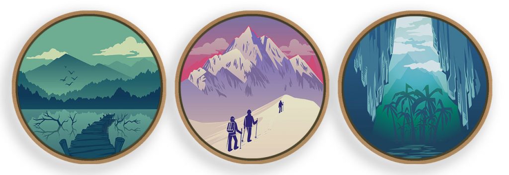 Set of 3 circle adventurous landscapes