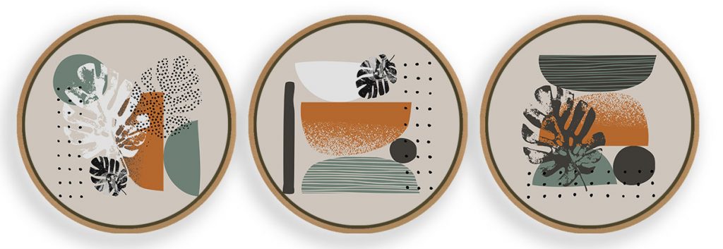 Set of 3 abstract colorful leaf figure botanical