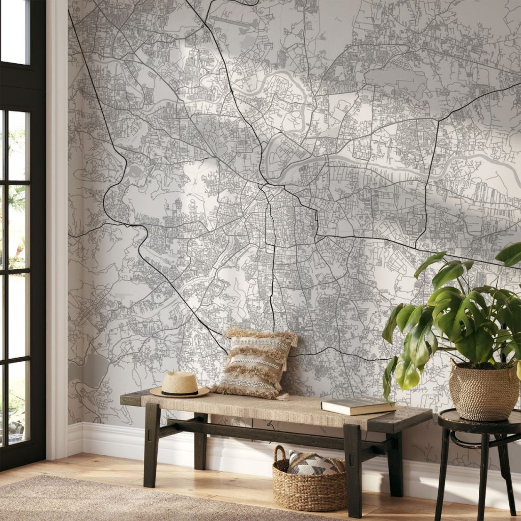 Pune Map Wall Mural - Chalky white grey, Mural Wallpaper, PVC Free, Non-Toxic