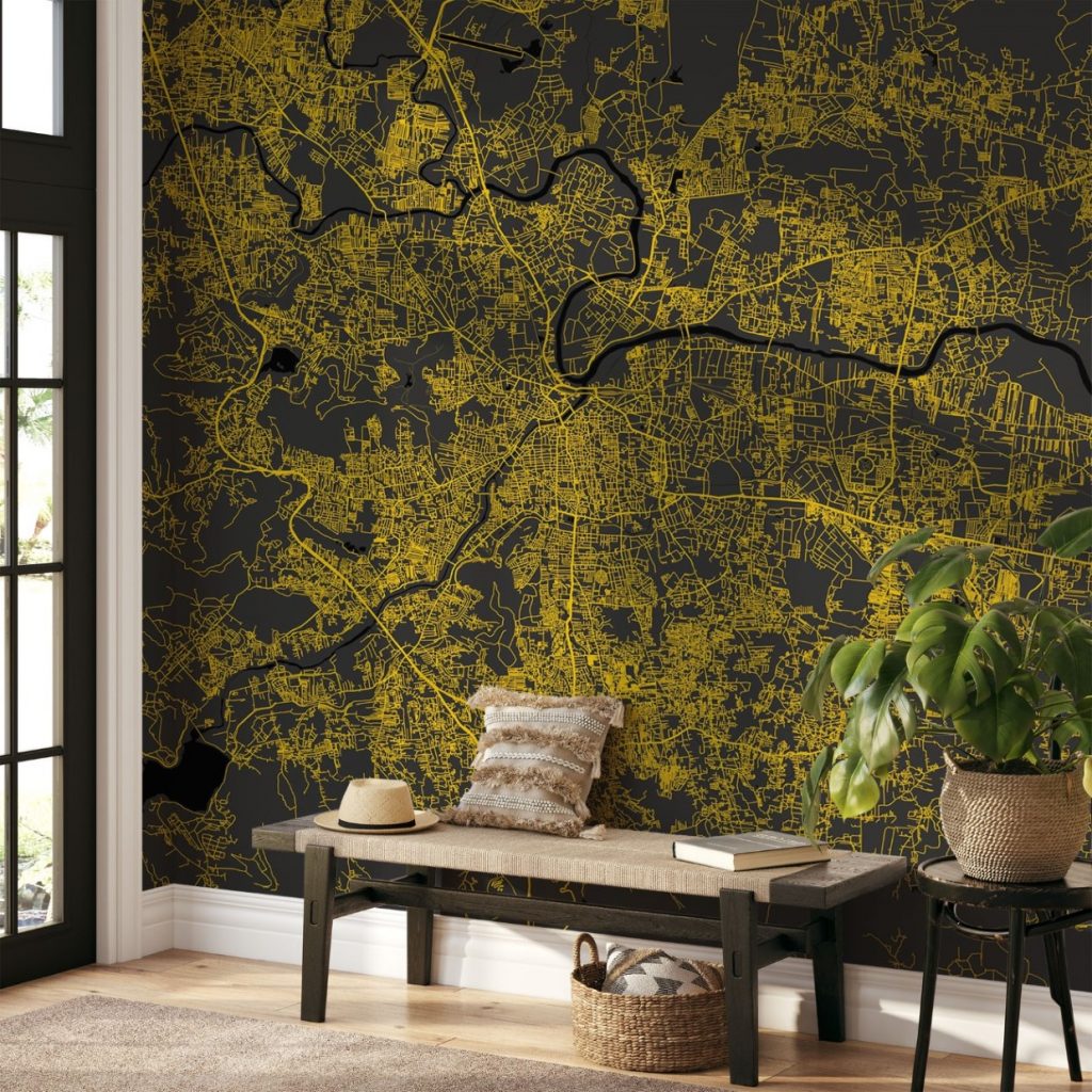 Pune Map Wall Mural - Modern black yellow, Mural Wallpaper, PVC Free, Non-Toxic