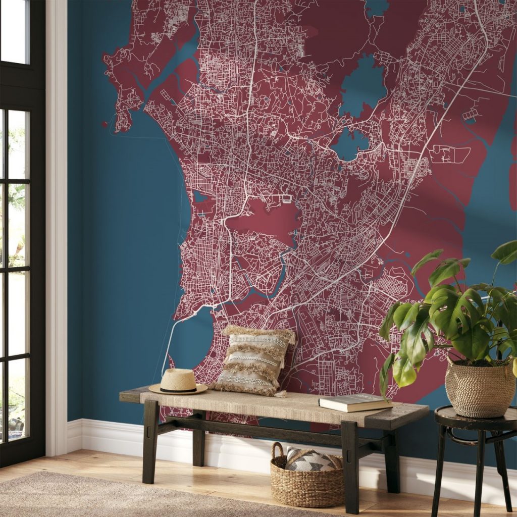 Mumbai Map Wall Mural - Red blue, Mural Wallpaper, PVC Free, Non-Toxic