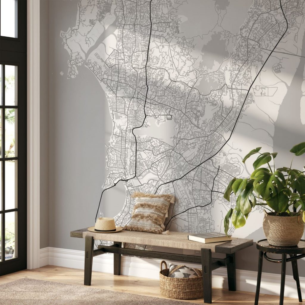 Mumbai Map Wall Mural - Chalky white grey, Mural Wallpaper, PVC Free, Non-Toxic